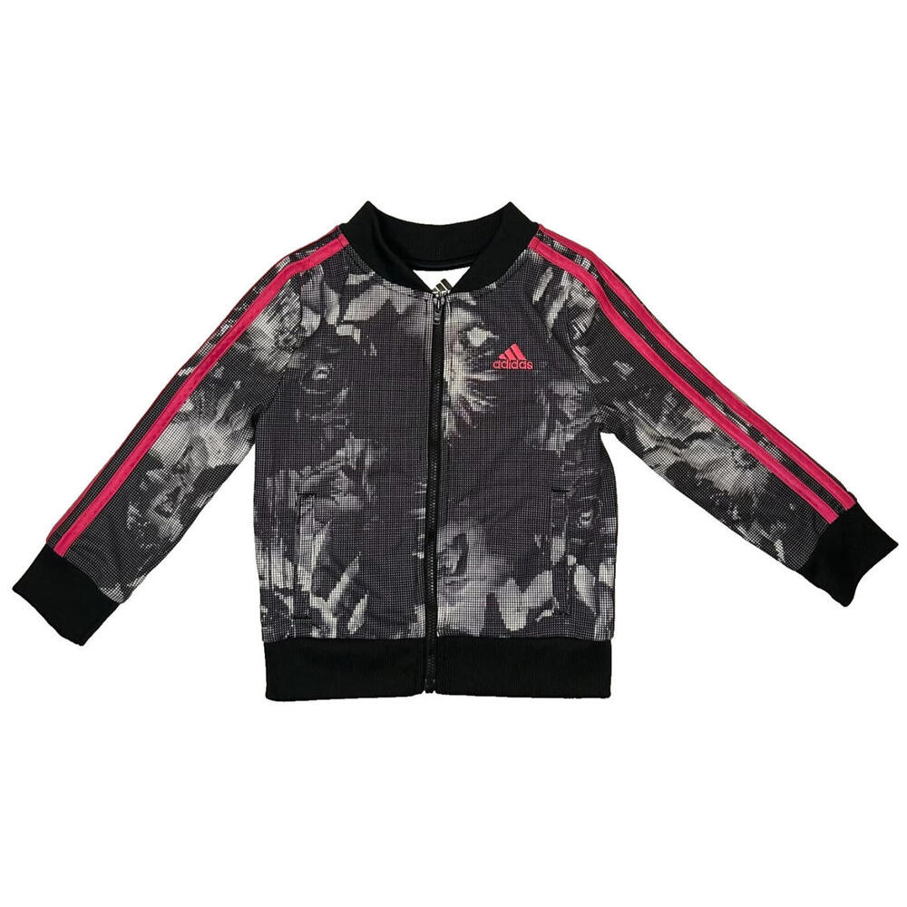 Adidas Jacket Girls 3T Black & Gray Floral With Pink Detail Stripe Logo